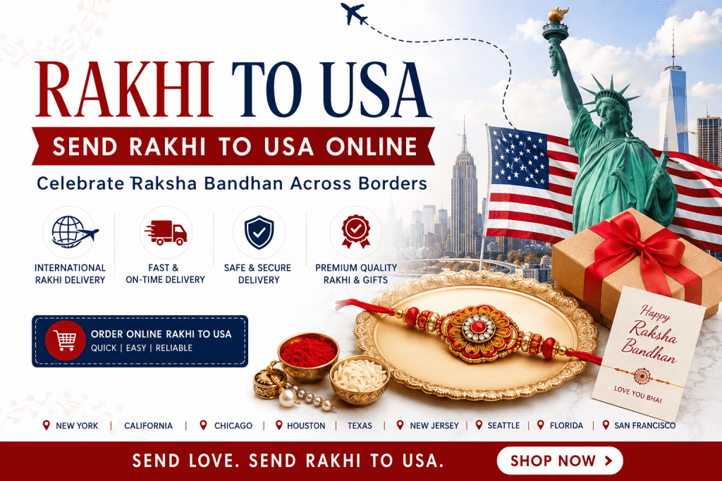 Online Rakhi delivery in USA promotional banner featuring premium Rakhi gifts, Statue of Liberty, American flag, festive Raksha Bandhan elements, sweets, gift hampers, express international delivery icons, and CTA to send Rakhi to USA online with secure shipping and same-day delivery options.